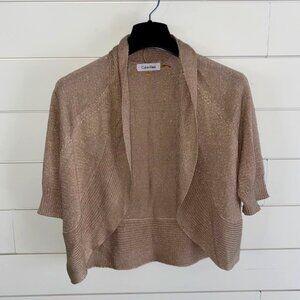 Calvin Klein Gold Shimmer Shrug Sweater Small Chic Holiday Cropped lightweight